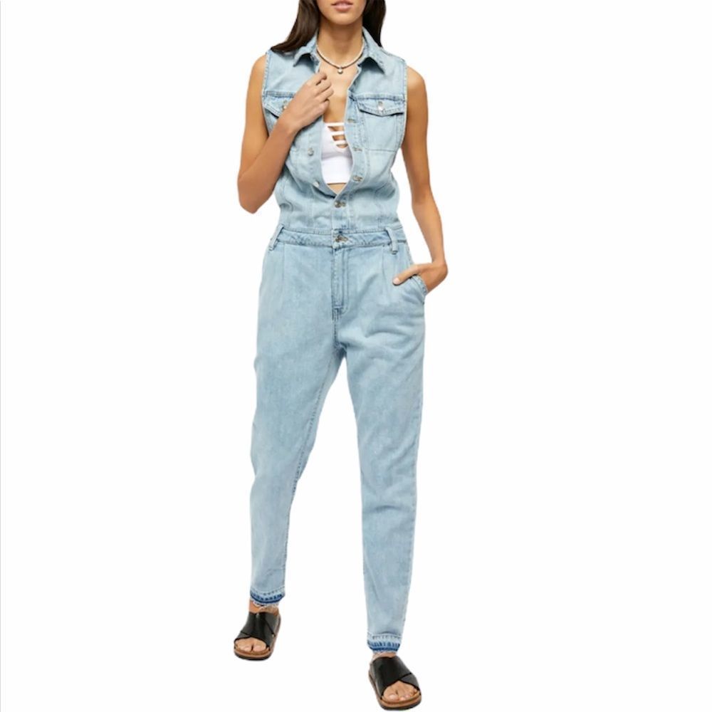 Free People Blue Fast Car Sleeveless Denim Utility Jumpsuit Size XL New